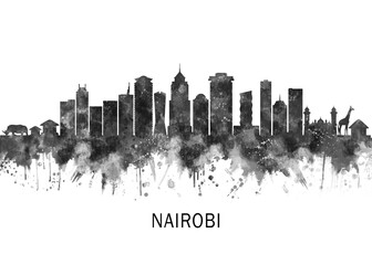 Obraz premium Nairobi Kenya Skyline BW, abstract painting travel illustration urban art modern downtown landmarks skyscrapers colorful artwork architecture