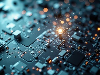 Obraz premium Electronic circuit board emitting light sparks, showing innovation and technology