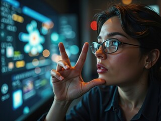 Scientist interacting with futuristic touch screen display showing scientific data visualizations