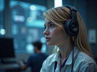 Scientist wearing headphones working in a modern laboratory