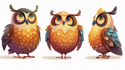 Fototapeta premium Adorable Cartoon Owls with Vibrant Feathers and Expressive Eyes
