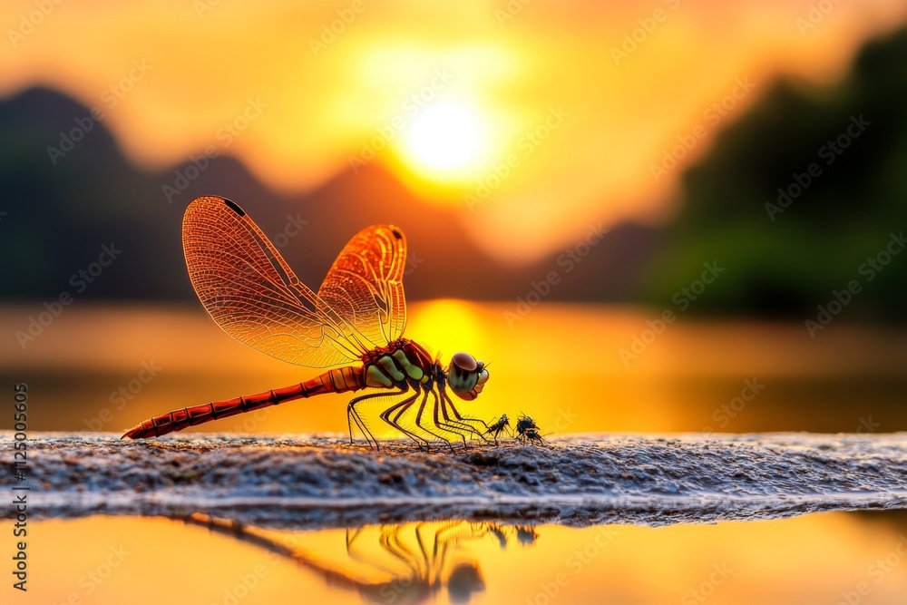 Poster a dynamic image of a dragonfly chasing smaller insects in the golden light of sunset, with its silho