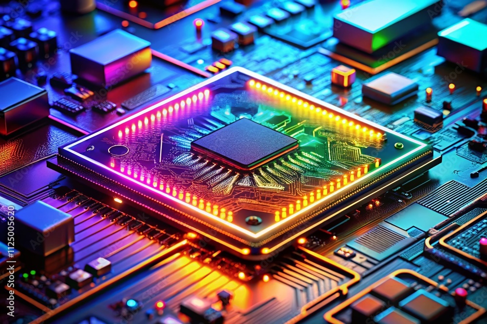 Aufkleber close-up of a glowing computer chip with circuits showcasing advanced technology and innovative digi