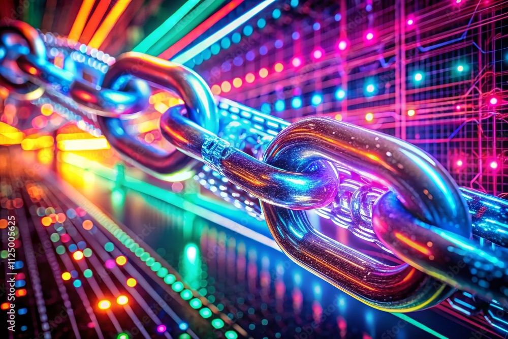 Poster closeup of a glowing chain link illuminated by neon lights in a digital environment representing the