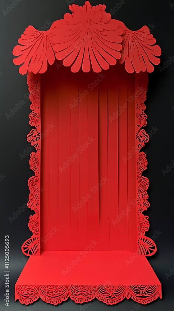 Poster artistic calligraphy display with symbolic elements red paper sculpture studio setting creative envi
