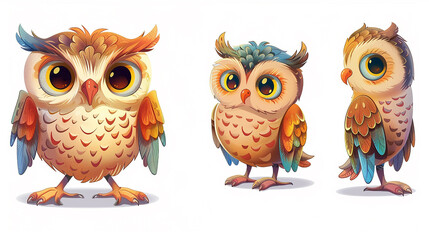 Fototapeta premium Adorable Cartoon Owls with Vibrant Feathers and Expressive Eyes