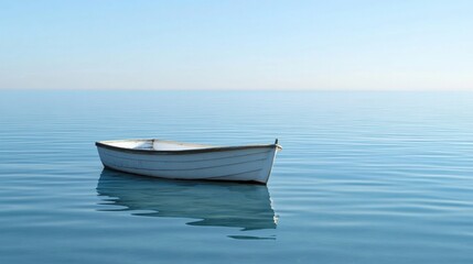 Fototapeta premium A tranquil boat rests on smooth water under a clear sky, offering perfect space for creative text additions and reflections. Generative AI