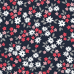 Bright floral pattern. Pretty flowers on dark background. Printing with small daisy white and red flowers. Ditsy print. Seamless vector texture. Spring bouquet. Vintage template for fashion prints.