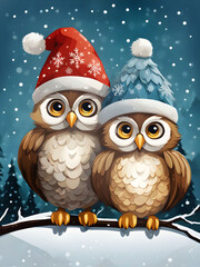 Illustration of Two Cute Owls Sitting on a Branch in a Winter Landscape