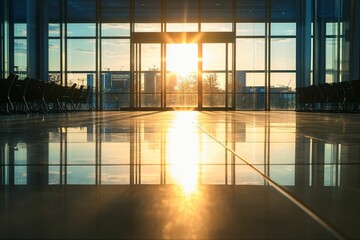 Fototapeta premium Stunning Sunset Reflection on Tiles in Modern Building Entrance with Glass Doors and Soft Sunshine Casting Warm Light Across the Floor