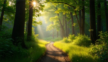 Obraz premium Scenic view of a winding forest path covered with sunlight filtering through the leaves 