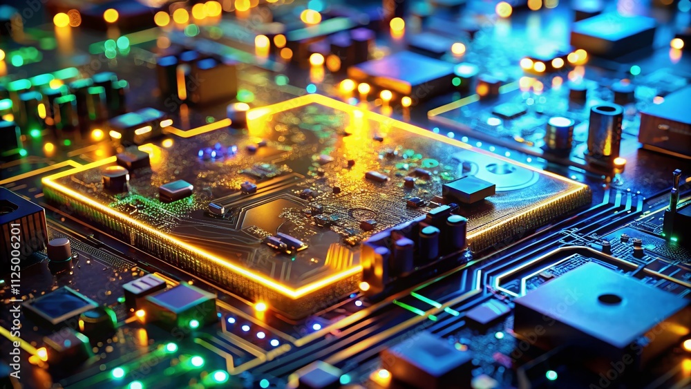 Poster close-up of a high-tech circuit board with glowing lights showcasing intricate components and advanc