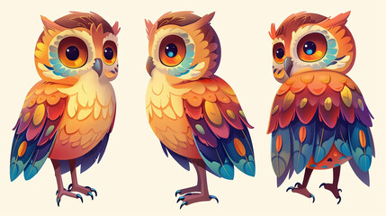 Naklejka premium Adorable Cartoon Owls with Vibrant Feathers and Expressive Eyes