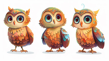 Fototapeta premium Adorable Cartoon Owls with Vibrant Feathers and Expressive Eyes