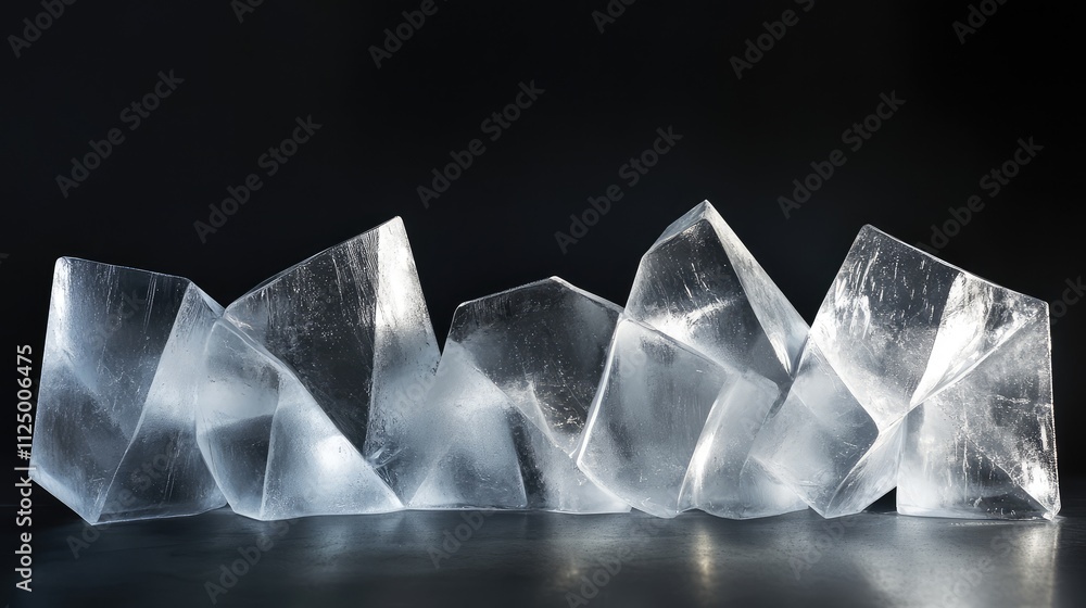 Poster clear ice cubes arranged in perfect geometric patterns, with sharp edges reflecting soft light again
