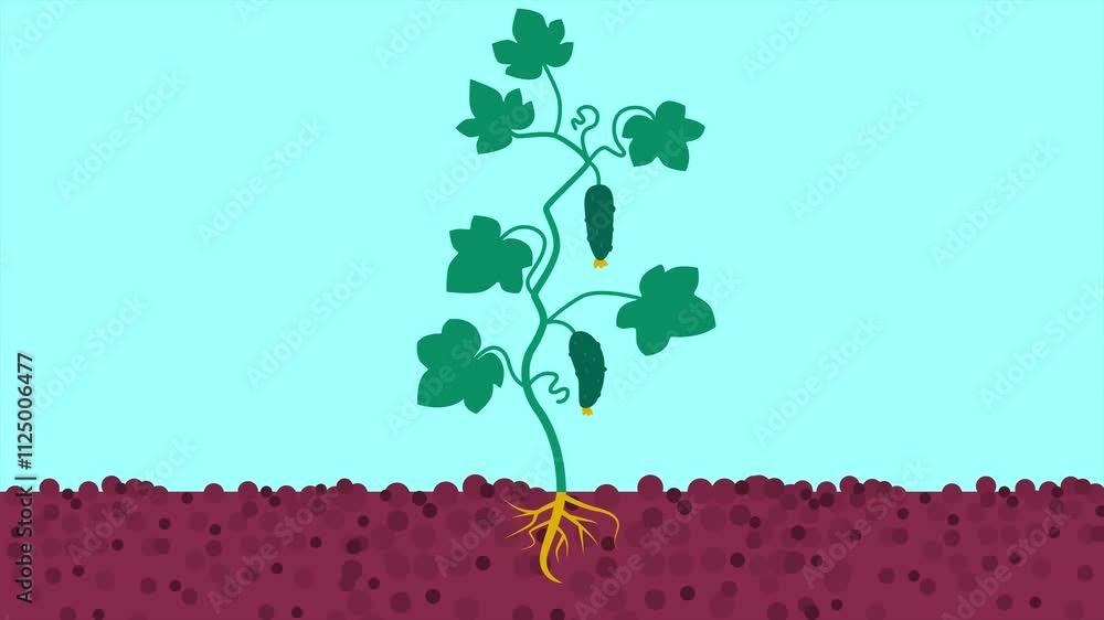 Poster cucumber plant with roots in the soil. abstract animation