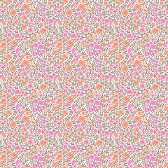 Seamless vintage floral pattern. White background, orange and pink flowers, gray brown leaves. Vector print with a liberty motif. Trendy design for surface. Retro style. Vector template