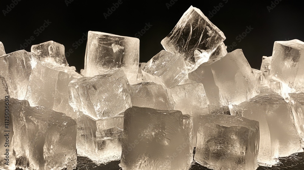 Poster clear ice cubes arranged in perfect geometric patterns, with sharp edges reflecting soft light again
