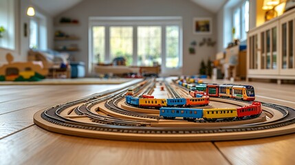 Obraz premium Colorful toy train set on wooden floor in playroom.