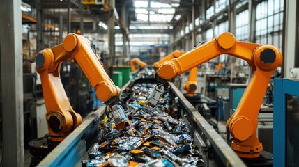 Recycling station embedded in the production line, robots sorting materials for reuse, closing the loop on waste
