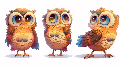 Obraz premium Adorable Cartoon Owls with Vibrant Feathers and Expressive Eyes