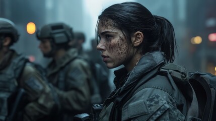 Fototapeta premium Determined asian female soldier in urban combat gear amidst cityscape conflict