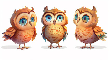 Fototapeta premium Adorable Cartoon Owls with Vibrant Feathers and Expressive Eyes