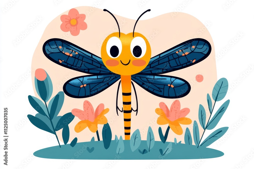 Poster a flat vector design of a dragonfly resting on a flower, with bold outlines and soft pastel colors o