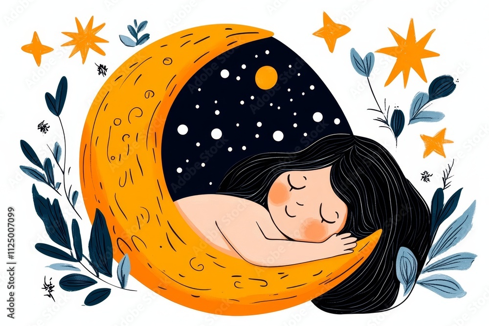 Poster a flat vector of a crescent moon cradling a sleeping figure, drawn in simple, clean lines on a white