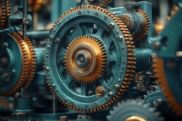 Close-up view of intricate teal and gold gears in a complex machine, showcasing industrial mechanics.