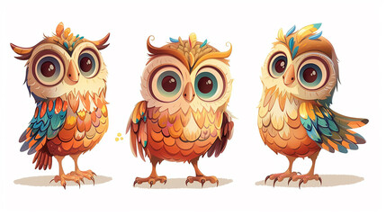 Obraz premium Adorable Cartoon Owls with Vibrant Feathers and Expressive Eyes
