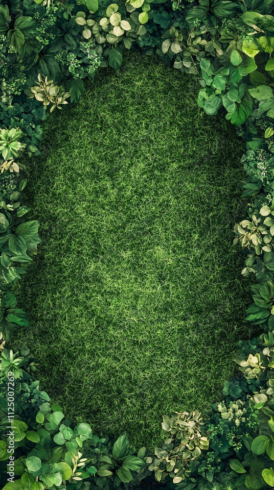 Poster Green leaves framing a grass background creating an oval shape