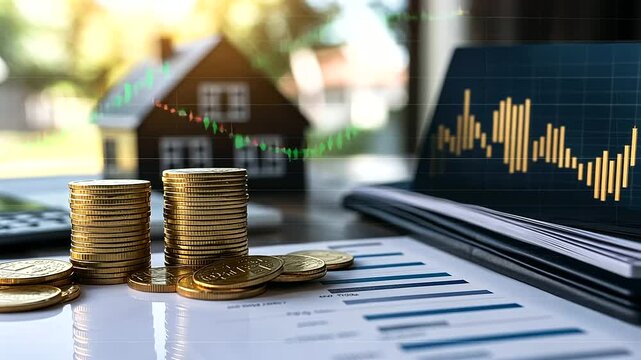 A business planner open to a page on investment goals, surrounded by property models, a stack of coins, and a digital upward-trending chart symbolizing passive income plans.