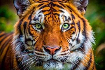 Fototapeta premium Close-Up of a Majestic Tiger in Nature Capturing Every Detail of Its Striking Fur and Intense Gaze, Showcasing the Wild Beauty of This Endangered Species in Stunning Clarity