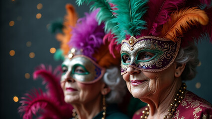 Two Elderly Women in Carnival Masks and Festive Costumes Celebrating in a Joyful Atmosphere