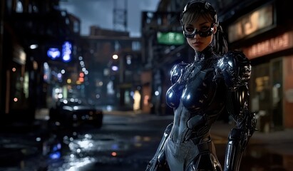 Cyborg woman in her black and silver suit, wearing sunglasses with reflective lenses. She is standing outside at night. On the city streets, the neon lights of buildings reflect off the puddles nearby