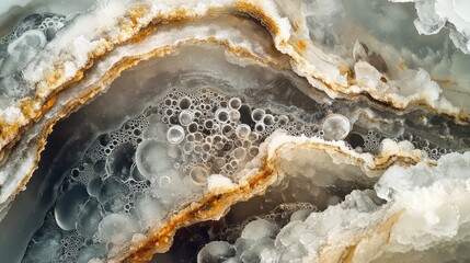 Close-up of ancient ice with embedded air bubbles and layered frost patterns, revealing millennia-old formations under soft light