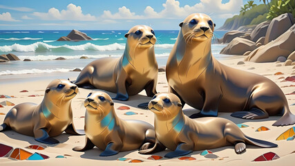 sea lions relaxing on beach in sun with stained glass effects - vibrant coastal art
