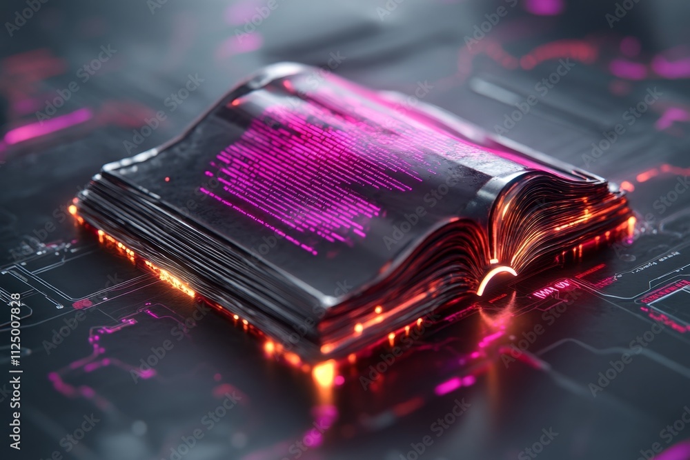 Poster a glowing cyberpunk-style digital document, surrounded by neon lights and holographic data streams i