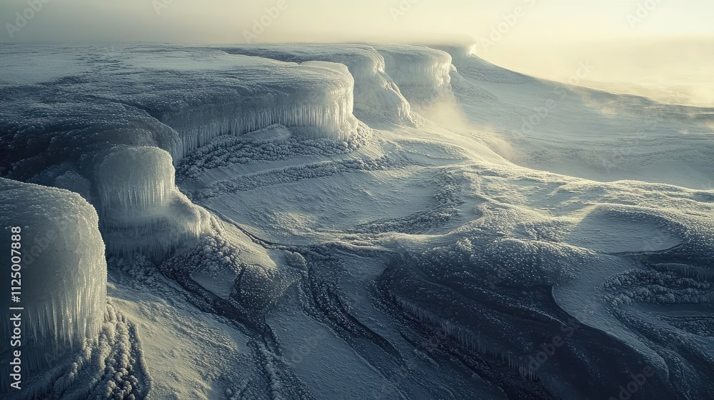 Poster close-up of ancient ice with embedded air bubbles and layered frost patterns, revealing millennia-ol