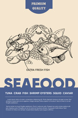 Seafood, poster, wrapping. Line drawing engraving vector, Hand drawn food.
