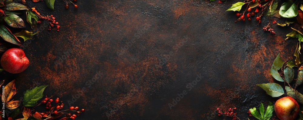 Poster Autumn background framing dark rusty surface with apples and berries