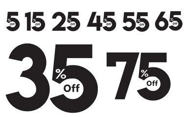Different percent discount Text , sticker discount price tag set 5,15, 25, 35, 45, 55, 65, 75 percentage vector , white background ,png 
