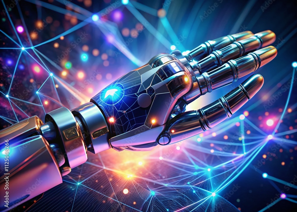 Aufkleber closeup of an advanced robotic hand interacting with a glowing holographic digital interface showcas
