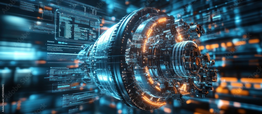 Poster futuristic turbine engine with digital interface.