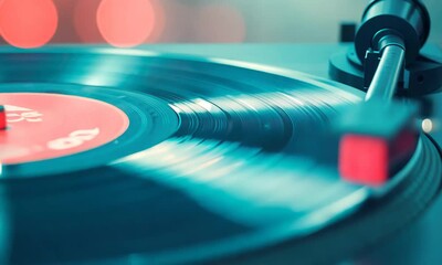 A close-up of a vinyl record on a disc turntable, the spinning platter and stylus, set against a softly lit background.