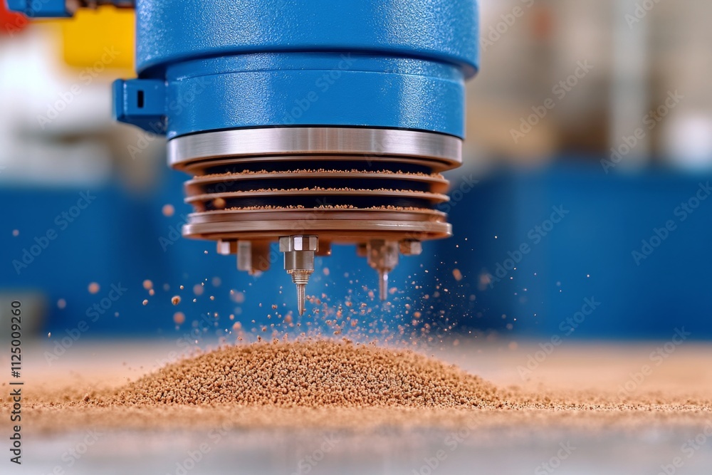 Poster A hyper-realistic close-up of an air compressor in action, showing tiny dust particles being blown away and reflections on its polished surface