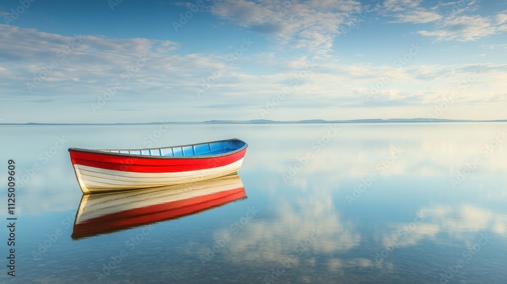 Poster A vibrant boat floats peacefully on smooth water, mirroring the sky with soft clouds and providing ample room for text addition. Generative AI