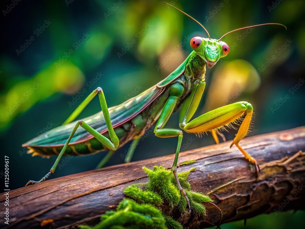 Poster close-up of a praying mantis crawling on a branch with intricate details showcasing its unique featu