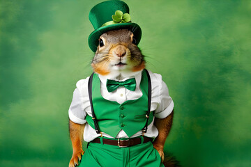 St. Patrick's Day Festival. A squirrel in a leprechaun hat with a bow tie around his neck © Vera